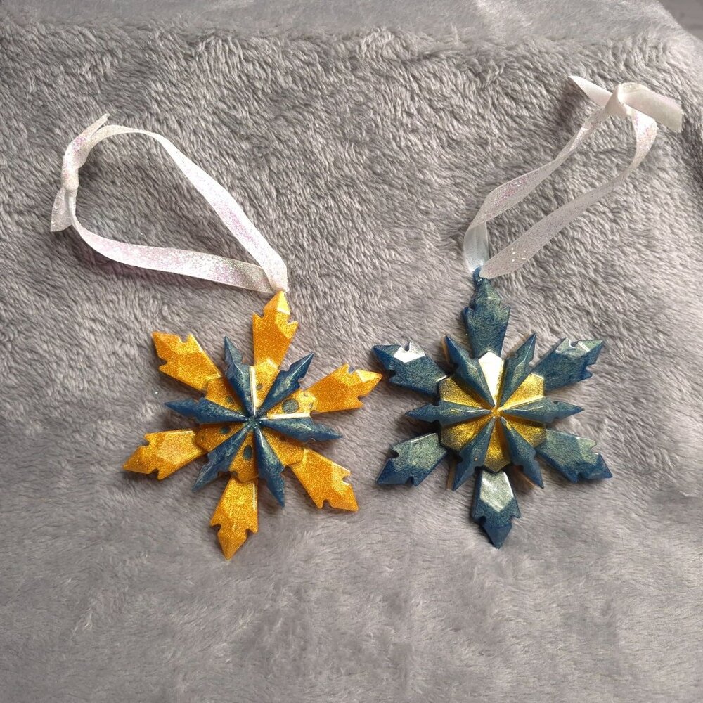 Handmade Snowflake Christmas Tree Ornaments Resin Ribbon Hangers Blue & Gold